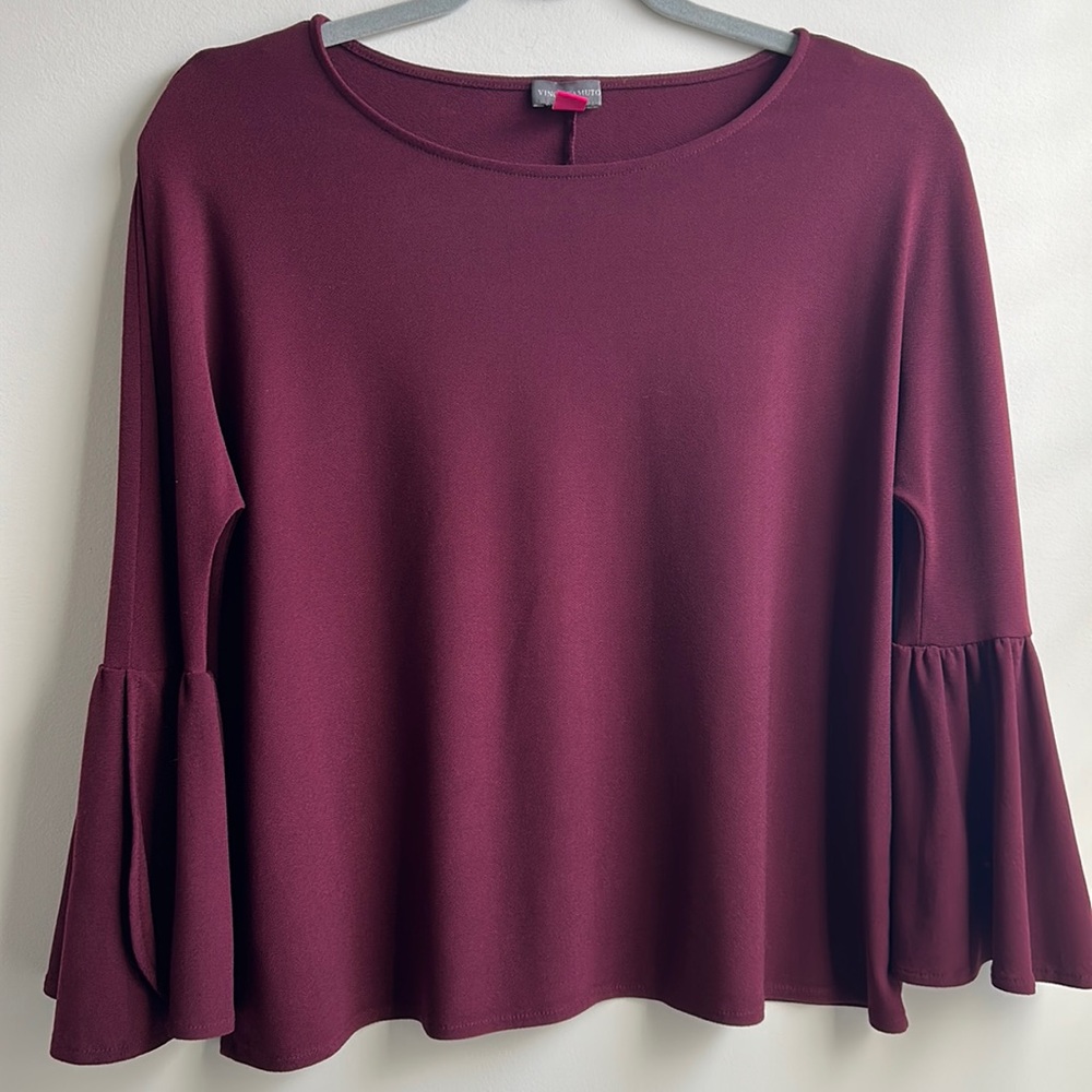 Vince Camuto Maroon Frill Sleeve Top, Size Small, Bohemian, Boatneck